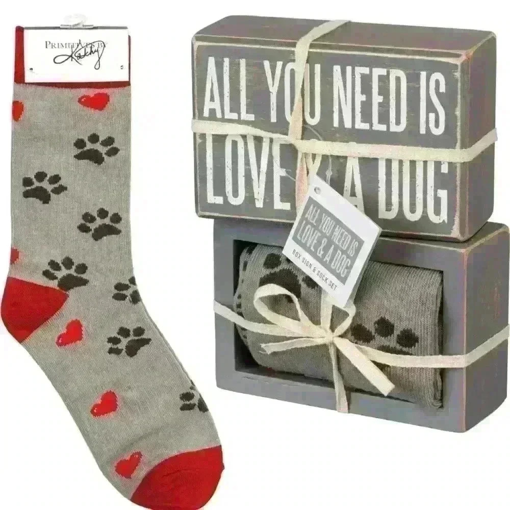 Primitives by Kathy Box Sign/Sock Set - All You Need is Love and a Dog